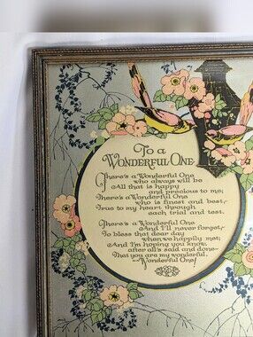 Antique Motto Graph "To A Wonderful One"  Framed Decor, Birds & Flowers
